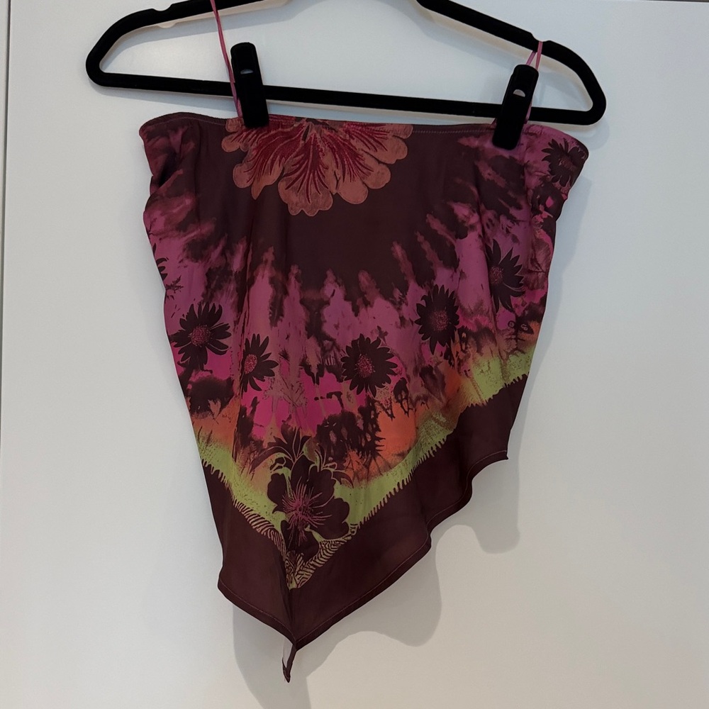 Free People Strapless Floral Bandana Top in Pink and Brown with Orange Accents
